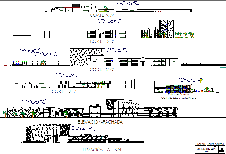 All sided elevation and sectional details of two story shopping center dwg file