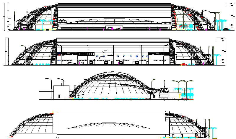 All sided elevation and sectional view details of shopping mall dwg file