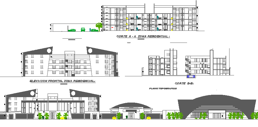 All sided elevation and sectional view details of shopping mall dwg file