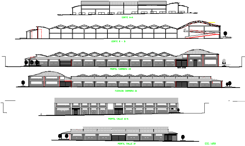 All sided elevation and sectional view details of super market dwg file