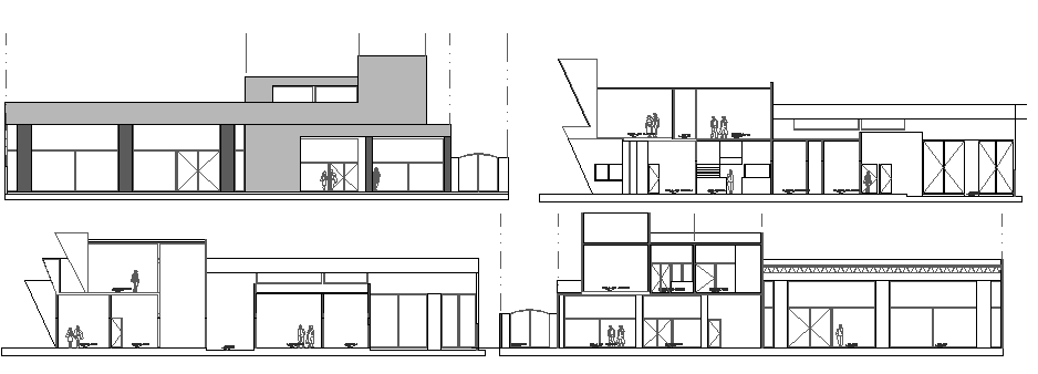 All sided elevation and sectional view of engineer association building dwg file