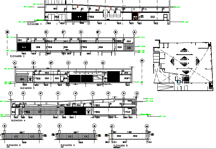 All sided elevation and sectional view of shopping center dwg file