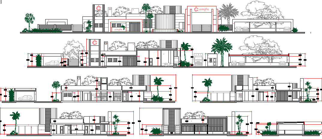 All sided elevation & sectional view of two flooring corporate office dwg file