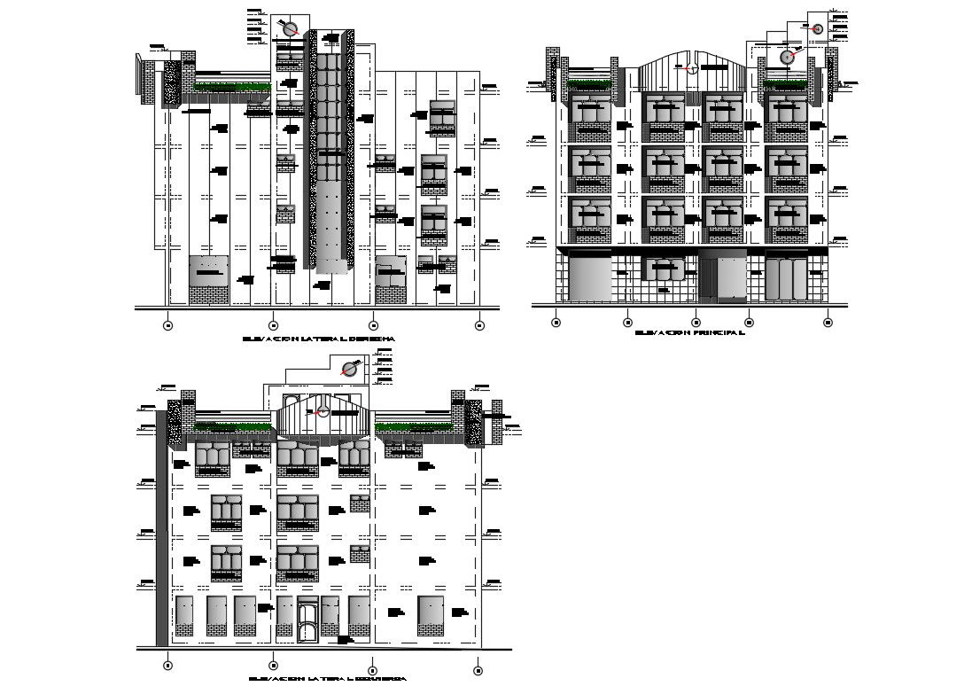 All sided elevation details of multi-familiar residential building dwg file