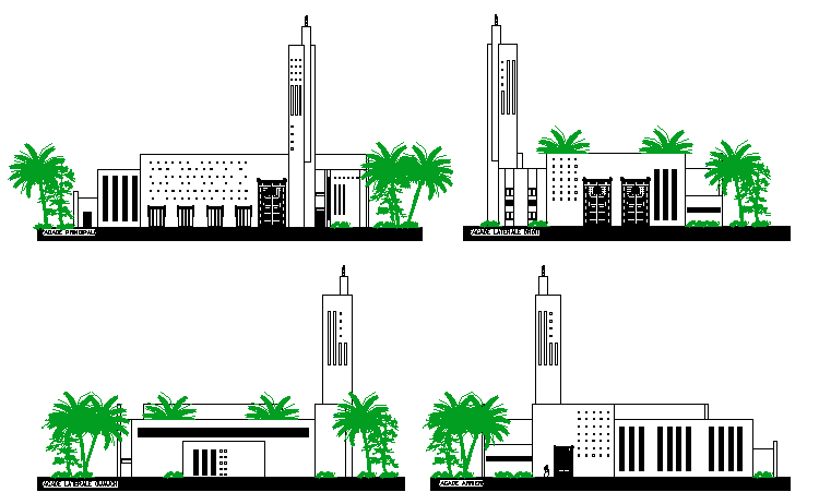 All sided elevation details of religious city mosque dwg file