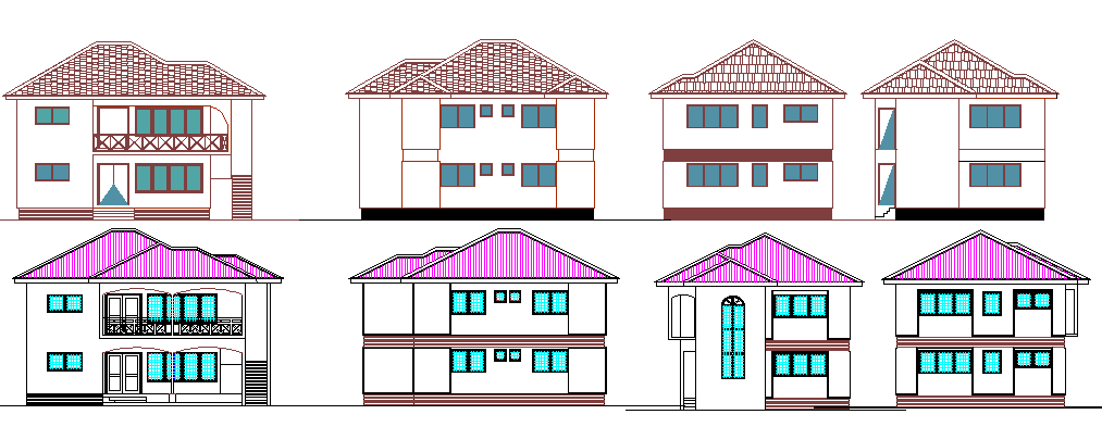 All sided elevation of One story two flooring housing building dwg file