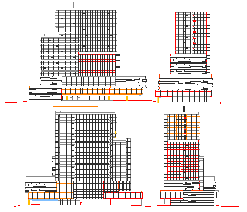 All sided elevation of corporate office building dwg file
