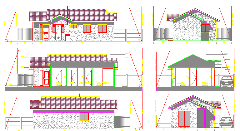 All sided elevation of one family house design dwg file