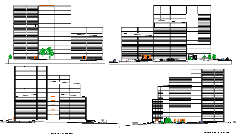 All sided elevation view details of multi-level shopping mall dwg file