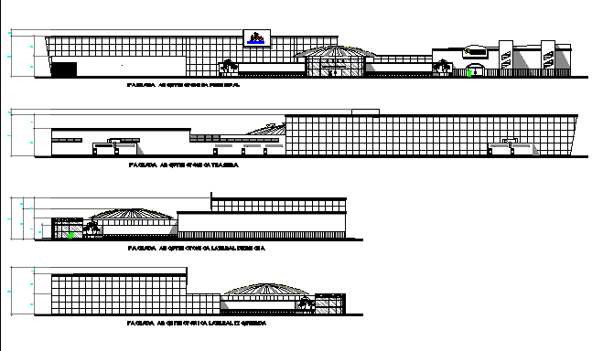 All sided elevation view details of shopping mall with plaza dwg file