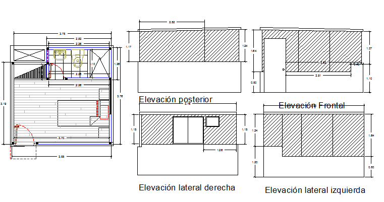 All sided elevation view of bedroom with plan dwg file
