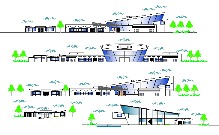 All sided elevation view of city council building dwg file