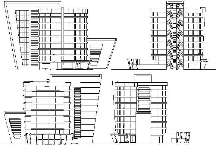 All sided elevation view of multi story government building dwg file