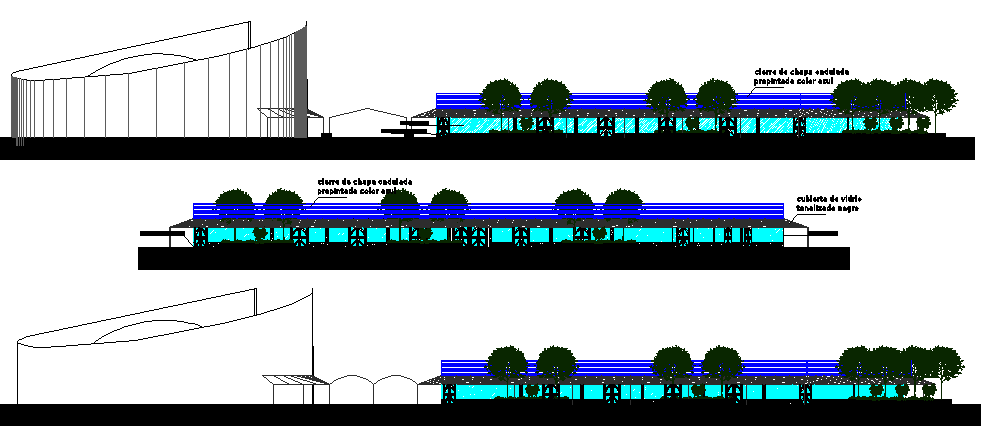 All sided elevation view of multi-story shopping mall dwg file