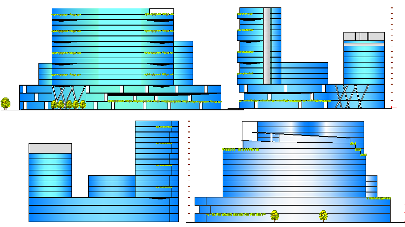 All sided elevation view of office building with hotel and shopping dwg file