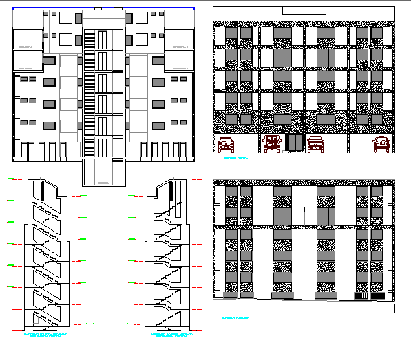 All sided elevation view of six story residential building dwg file