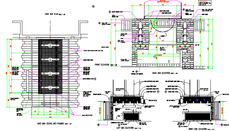 All sided elevation with ceiling & plan details of bar - Restaurant dwg file