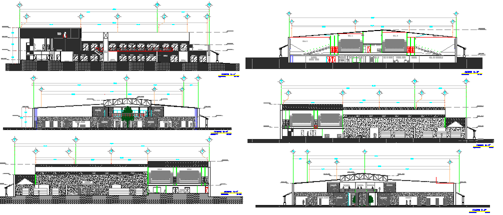 All sided elevations and sectional details of two-story shopping center dwg file
