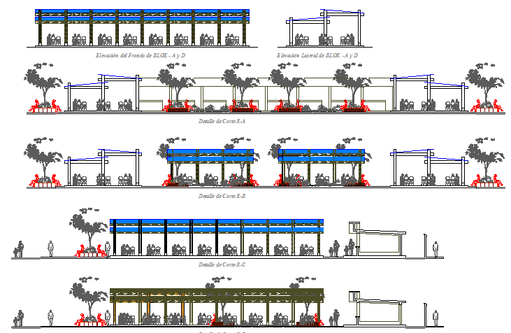 All sided sectional details of cafeteria of shopping center dwg file
