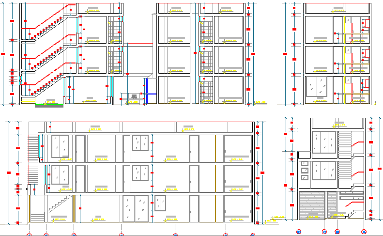 All sided sectional details of multi-family housing building dwg file