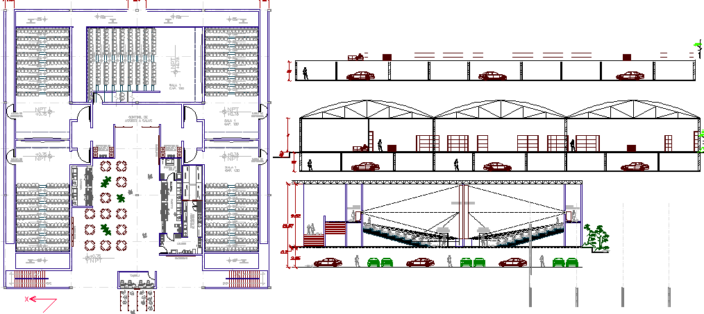 All sided sectional view and layout plan details of shopping mall dwg file
