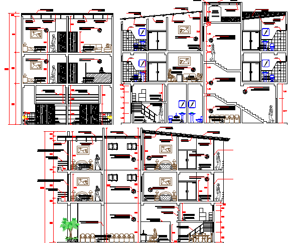 All sided sectional view details of commercial building dwg file