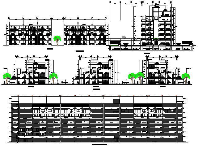 All sided sectional view details of multi-flooring residential apartment dwg file