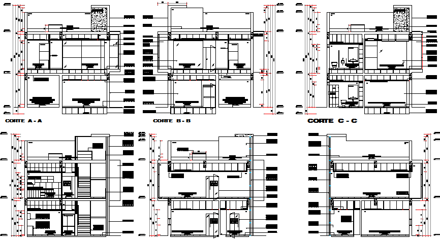 All sided sectional view details of multi-story office building dwg file