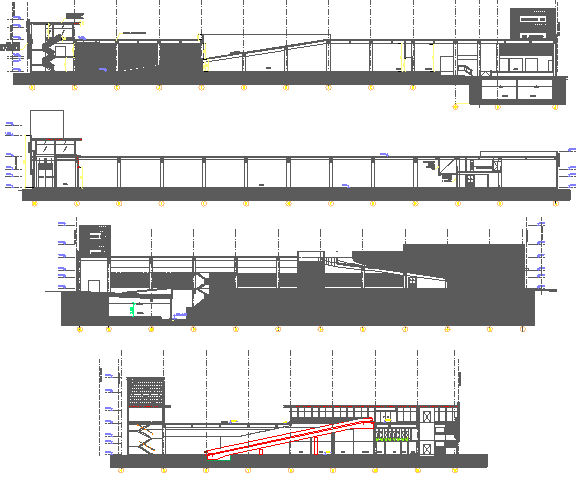 All sided sectional view details of multi-story shopping center dwg file
