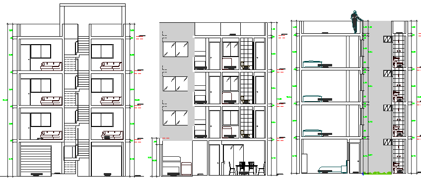 All sided sectional view of multi-family housing apartment dwg file