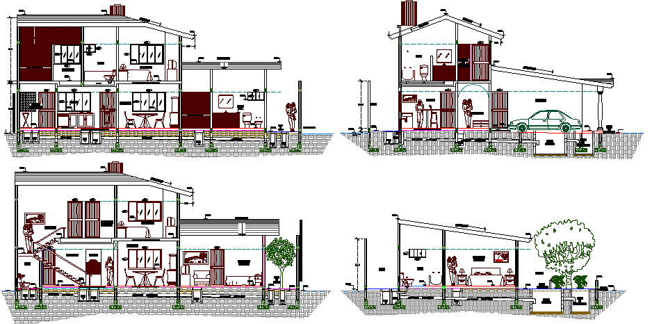 All sided sectional view of one family bungalow dwg file
