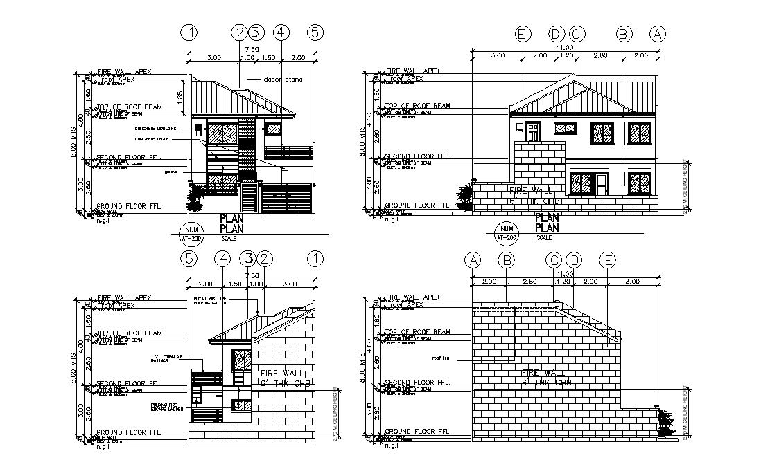 All side elevation of house plan is given in this 2D Autocad DWG drawing file. Download the 2D Autocad DWG drawing file.
