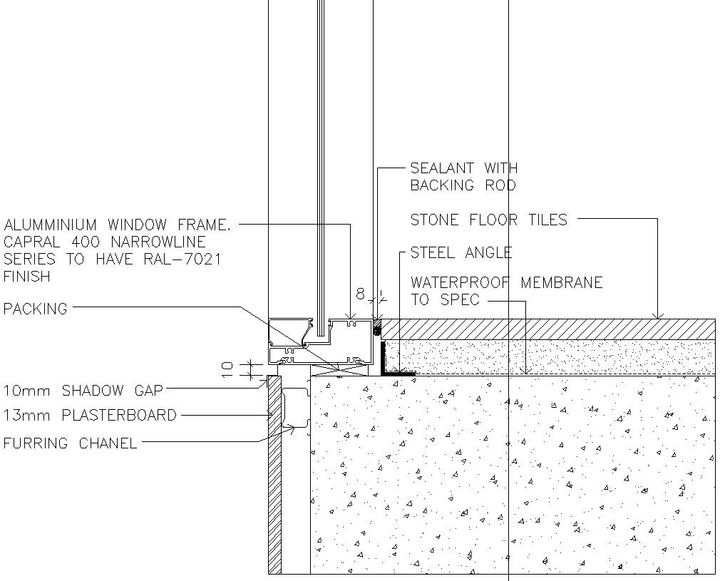 Aluminium window frame detail in AutoCAD, dwg file.