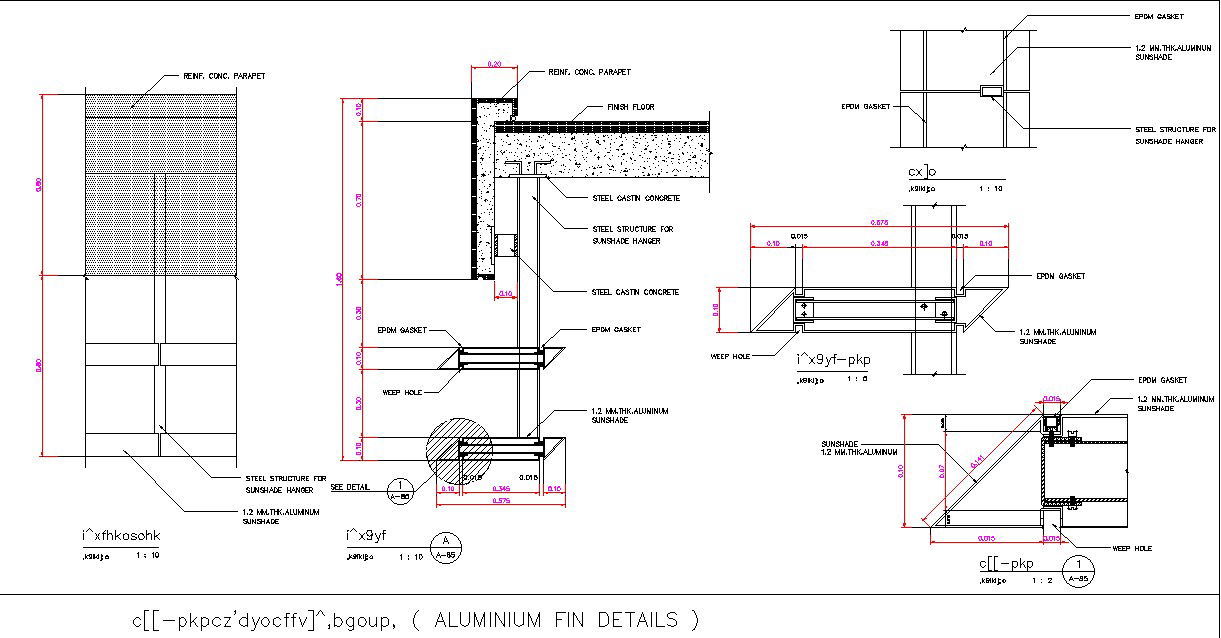 Aluminum Fin details and Reinforced concrete parapets are provided in this AutoCAD DWG Drawing File.Download the 2D CAD DWG file now.