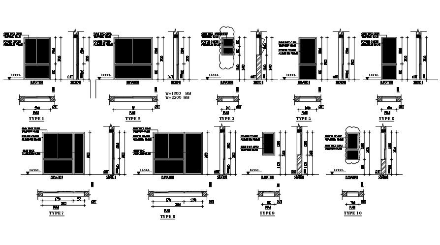 Aluminum frame door designs are given in this 2D AutoCAD drawing
