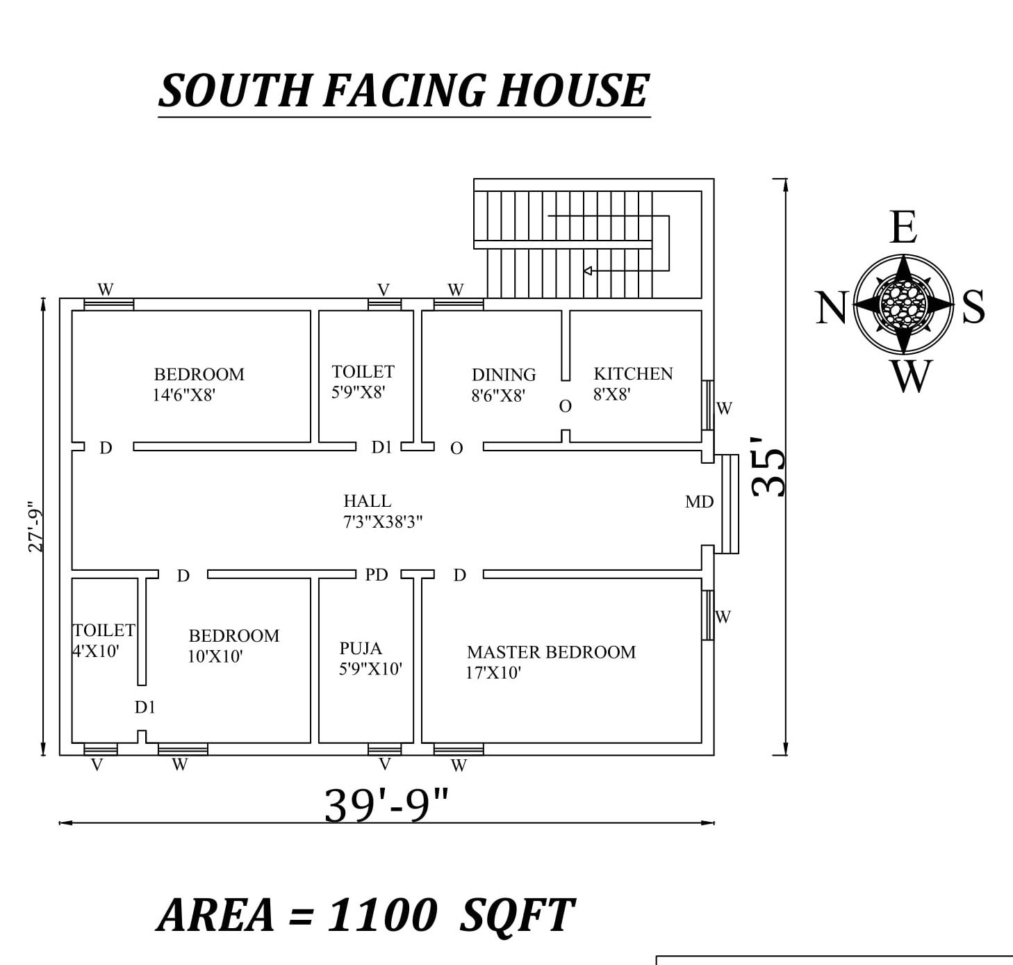 Amazing 39'9" X35' 3bhk South facing House Plan As Per Vastu Shastra.Autocad DWG and Pdf file details.