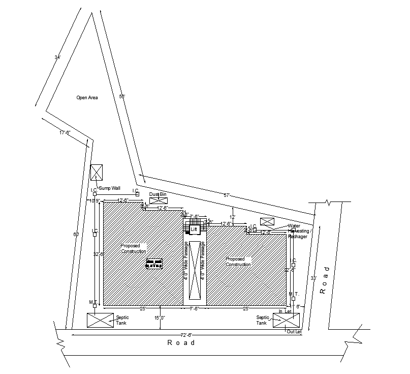 Amenities of site 145’x120’ house plan site layout is given in this Autocad drawing file. Download now.