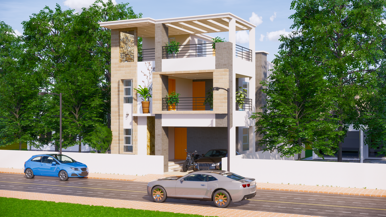 An amazing G+2 house 3d elevation drawing Revit file is available here.