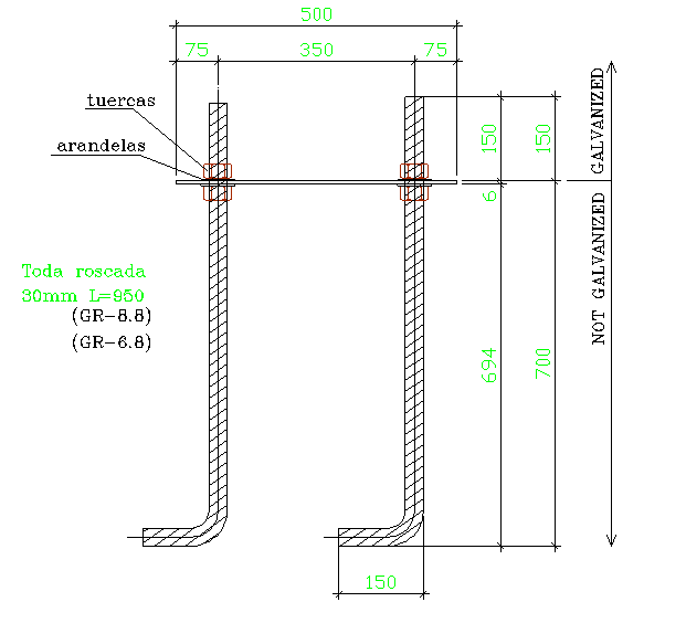 Anchor plate with glazed threaded rod dwg file