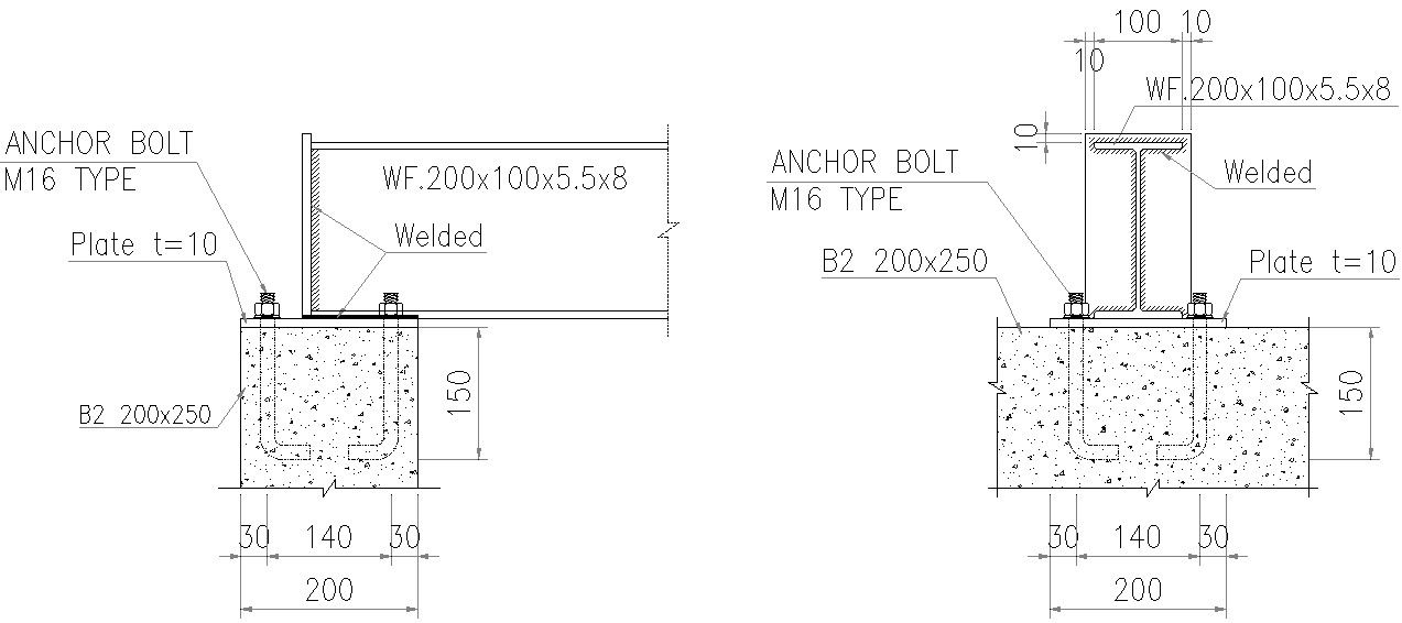 Anchor bolt installation details in Foundation baseplate in AutoCAD, dwg file.