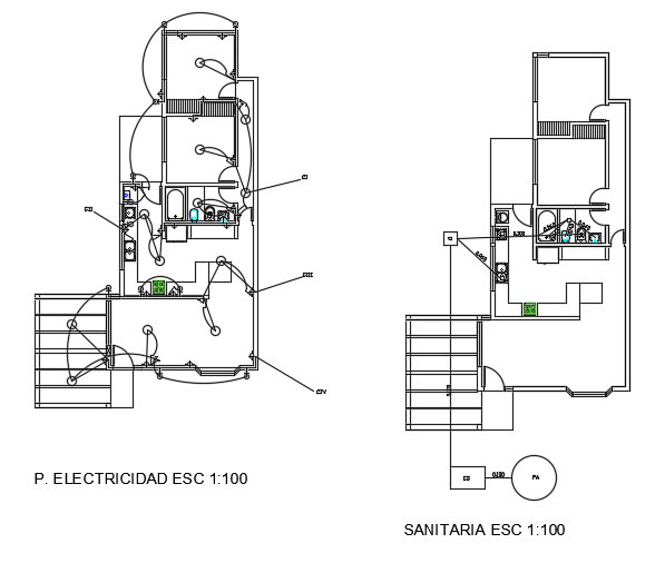 An electrical and plumbing layout of the 10x30m architecture single story house plan cad drawing
