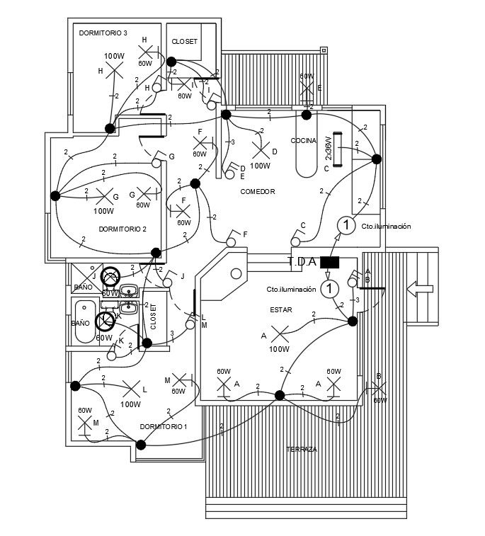 An electrical layout of 10x15m ground floor house plan is given in this Autocad drawing file.Download now.