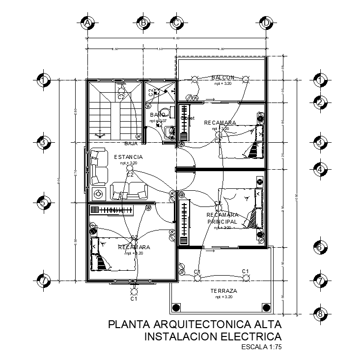 An electrical layout of 8x10m first floor house plan is given in this AutoCAD drawing model. Download now.