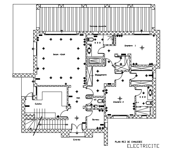 An electrical layout of the 16x15m ground floor house plan