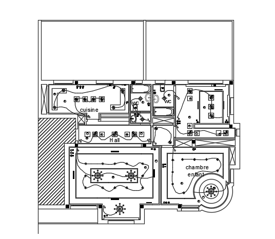 An electrical layout of the 17x17m 2bhk home plan AutoCAD drawing