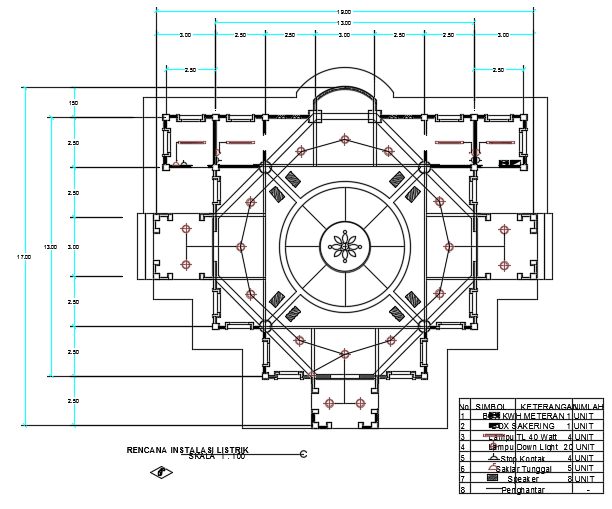 An electrical layout of the 19x17m mosque plan 2D AutoCAD drawing