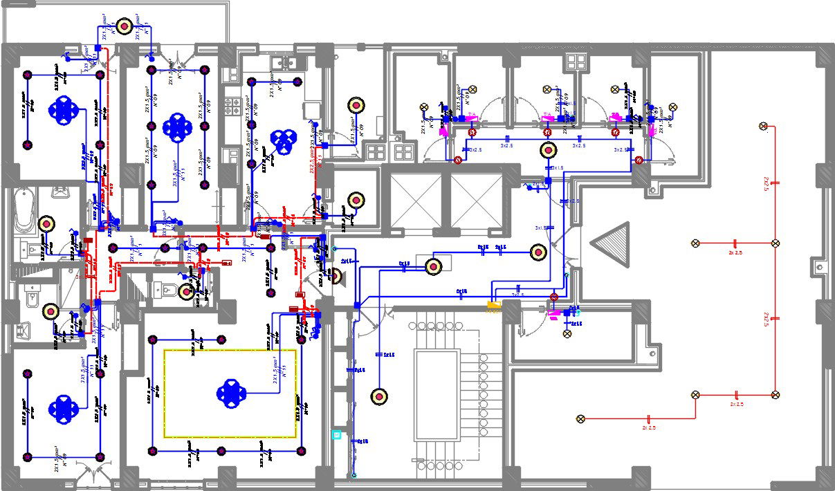 An electrical layout of the 26x14m residential floor plan architecture drawing