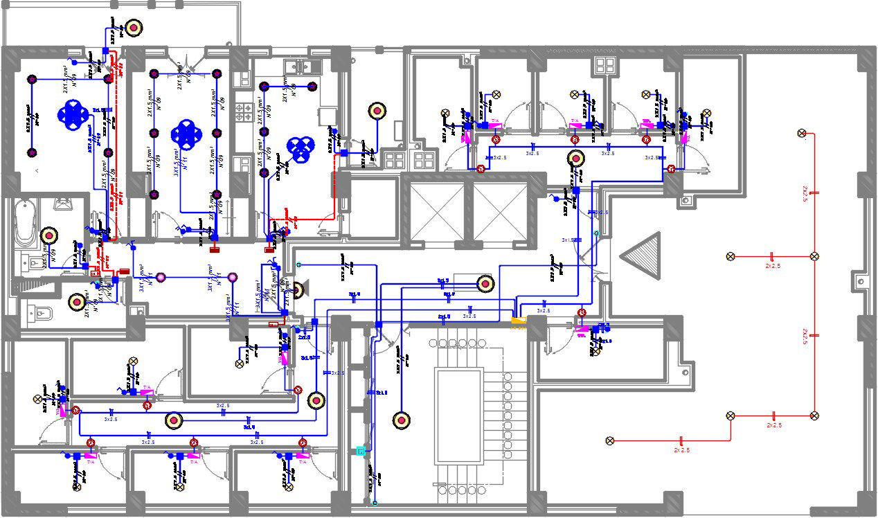 An electrical layout of the 26x14m residential second floor plan architecture drawing