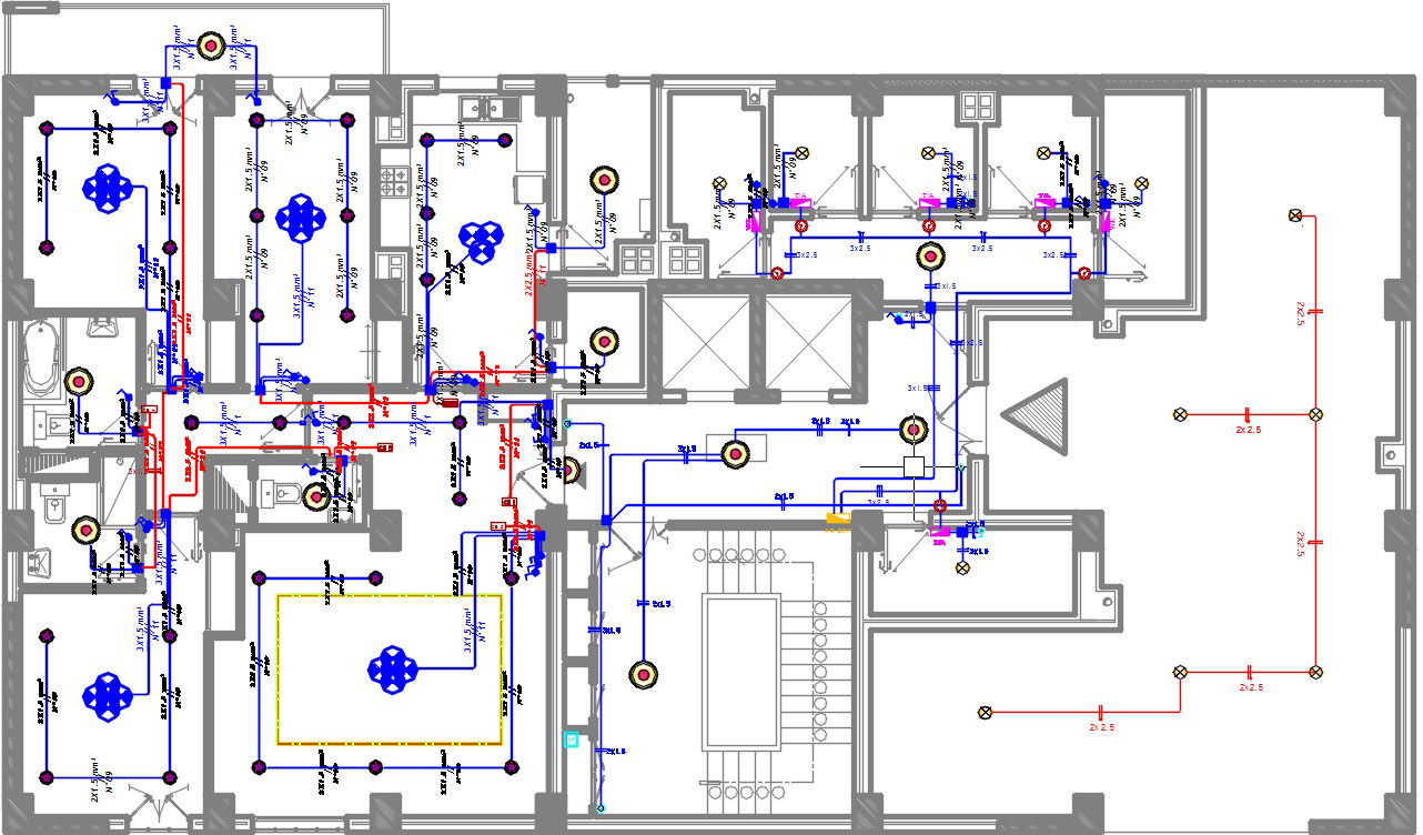 An electrical layout of the 27x14m apartment ground floor plan AutoCAD drawing