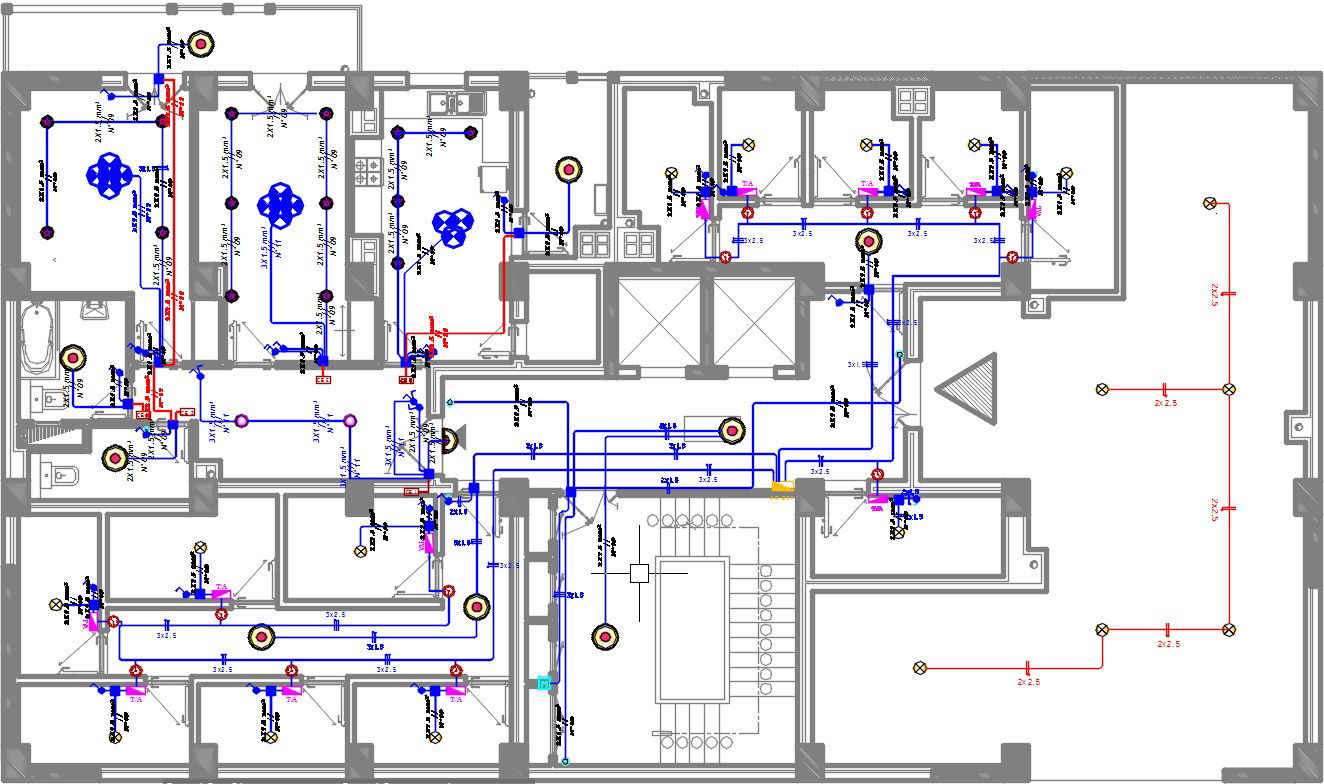 An electrical layout of the 27x14m residential apartment fourth floor plan